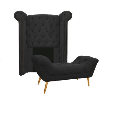 Kit Cabeceira Calçadeira Veneza 100cm Suede Preto