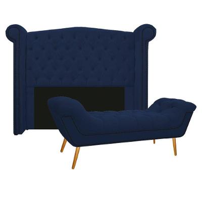 Kit Cabeceira Calçadeira Veneza 160cm Suede Azul Marinho