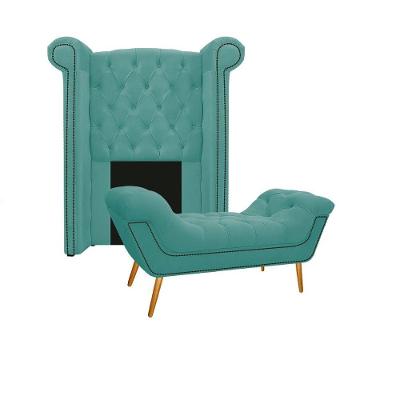 Kit Cabeceira Calçadeira Veneza 100cm Suede Azul Tiffany