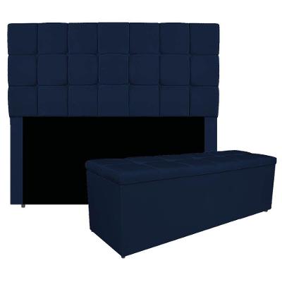 Kit Cabeceira E Calçadeira Manchester 195 Cm King Size Suede - Adj Decor Cor Azul Marinho