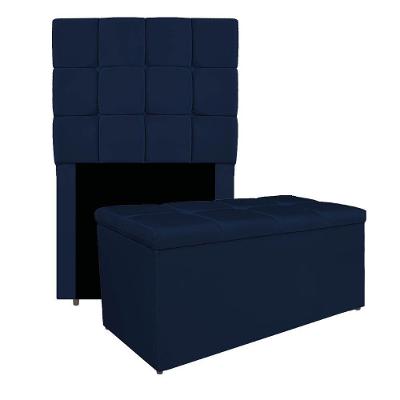 Kit Cabeceira E Calçadeira Manchester 90 Cm Solteiro Suede - Adj Decor Cor Azul Marinho