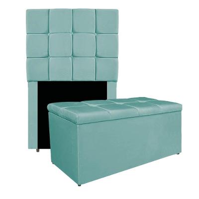 Kit Cabeceira E Calçadeira Manchester 90 Cm Solteiro Suede Cor Azul Tiffany