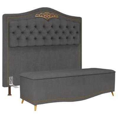 Cabeceira Cama Box Casal Queen 160Cm Com Calçadeira Baú Imperial J02 Linho Grafite