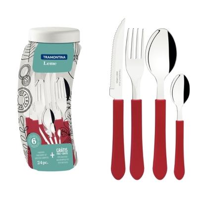 Faqueiro Tramontina Leme Inox Vermelho 24 Peças com Pote Plástico