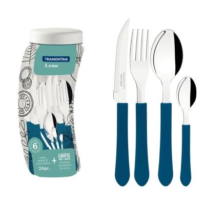 Faqueiro Tramontina Leme Inox Azul Oceano com Pote Plástico 24 Peças