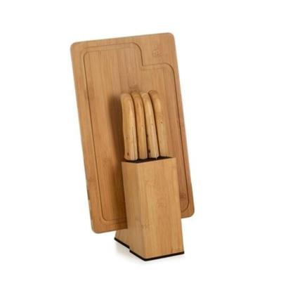 Conjunto de Facas para Cozinha Welf KT90163 Bambu e Inox 6 Peças com Cepo e Tábua Retangular
