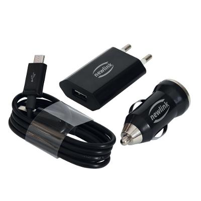 Kit Carregadores Micro Usb Automotivo E Tomada Newlink Kt100 Preto