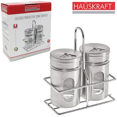Jogo de Porta Temperos com Suporte Hauskraft Saleiro e Pimenteiro 100ml Inox 3 Peças