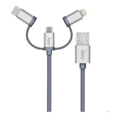 Cabo Trio Usb Micro Usb, Type C E Lightning Em Nylon Trançado Oex Ce301 - 1M - Cinza