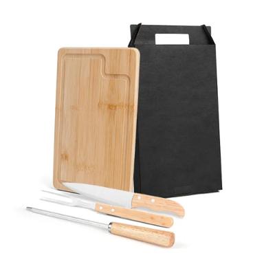 Conjunto Para Churrasco Em Bambu - Inox - Madeira - 4 Peças