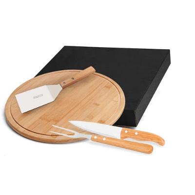 Conjunto Para Churrasco - Pizza Em Bambu - Inox - 35Cm - 4 Peças.
