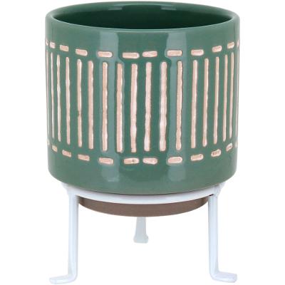 Cachepô Com Suporte Cerâmica Verde Bernan 16X12X12Cm