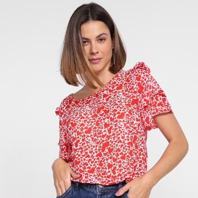 Blusa Dom Fashion Manga Babados Corações Feminina