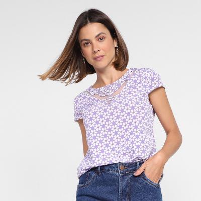 Blusa Dom Fashion Decote Recorte Tule Estampada Feminina