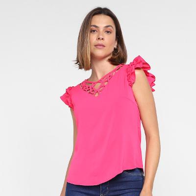 Blusa Dom Fashion Decote Recorte Manga Babado Feminina