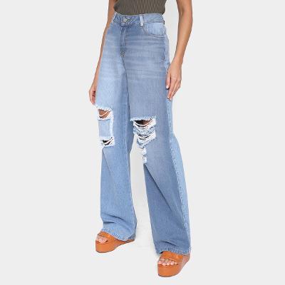 Calça Jeans Grifle Wide Leg Rasgada Feminina