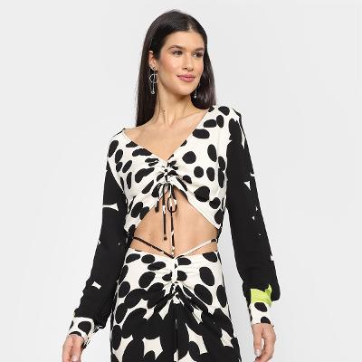 Blusa All Is Love Cropped Franzido Poá Degradee Manga Longa Feminina