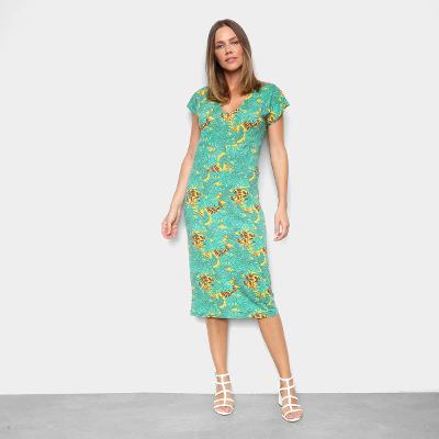 Vestido Volare Tubinho Midi Decote V Manga Japonesa