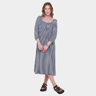 Vestido Midi Cantão Malha Listras Manga Bufante