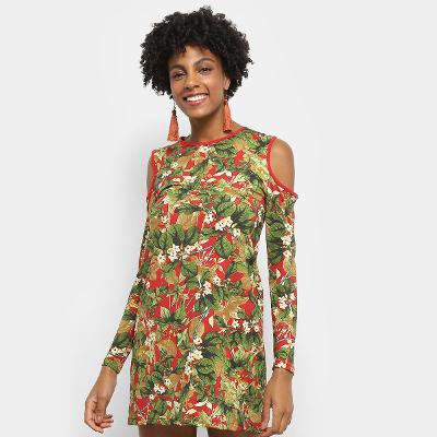 Vestido Flora Zuu Open Shoulder Folhagem