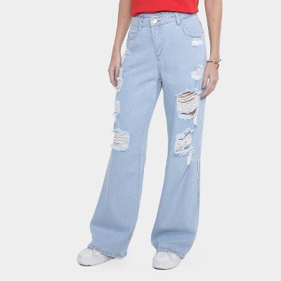 Calça Jeans Wide Leg Destroyed Cós Diferenciado Cintura Alta Feminina